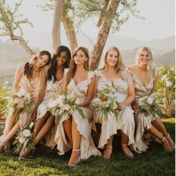 Show Me Your Mumu Samantha Ruffle Wrap Dress ~ Champagne Luxe Satin 1X - Picture 5 of 5